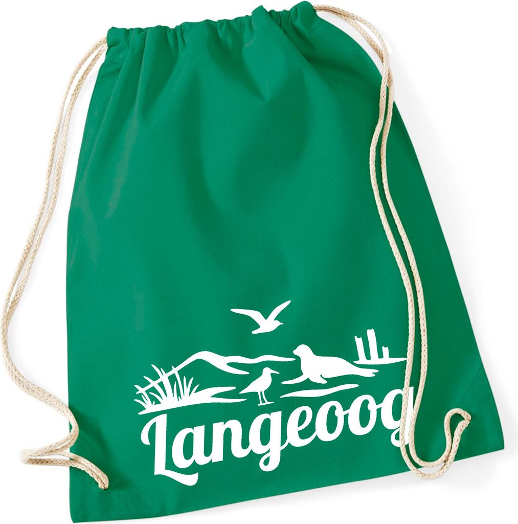 Huuraa Turnbeutel Langeoog Strandmotiv 12 Liter Kelly Green Baumwolle Rucksack Geschenkidee