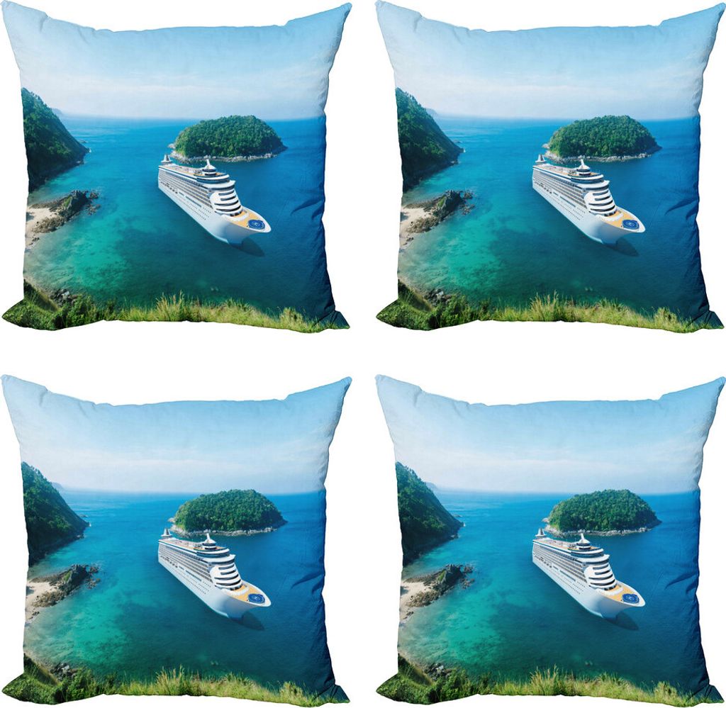 ABAKUHAUS Kreuzfahrtschiff Kissenbezug Set (4 Stück), Passagierschiff Ozean, Moderner Doppelseitiger Digitaldruck, 45 cm x 45 cm, Grün, Blau, Weiß