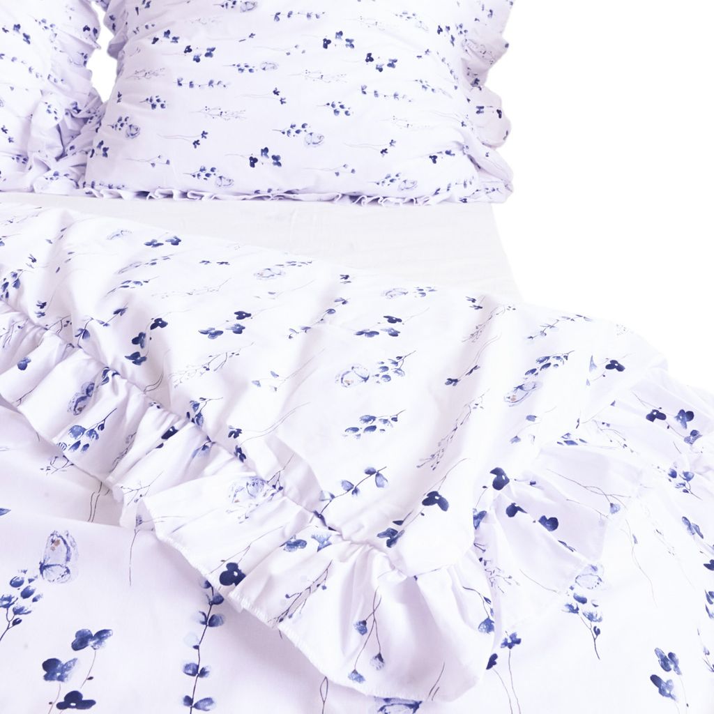 Baumwolle Bettwäsche Mit Rüschen Set Schlafzimmer Bettdeckenbezug 160X200 Cm + 2 Kissenbezüge 70X80 Cm Blaue Wiese