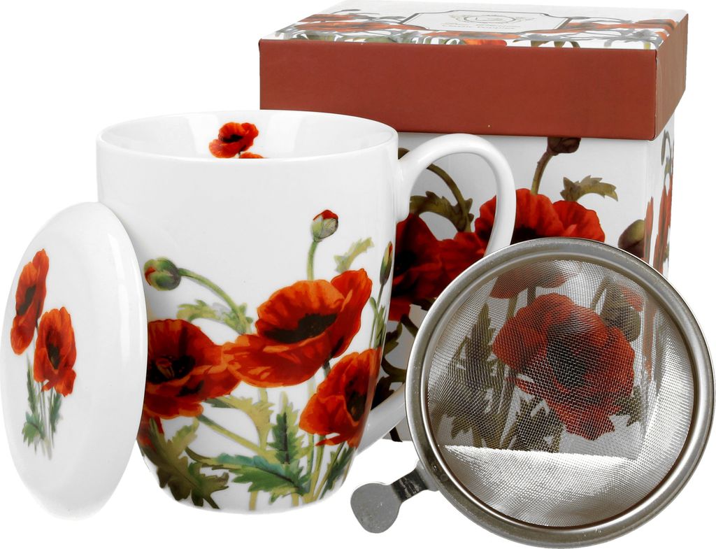 DUO FLORAL Becher 380 ml CLASSIC POPPIES mit Teesieb, New Bone China Porzellan