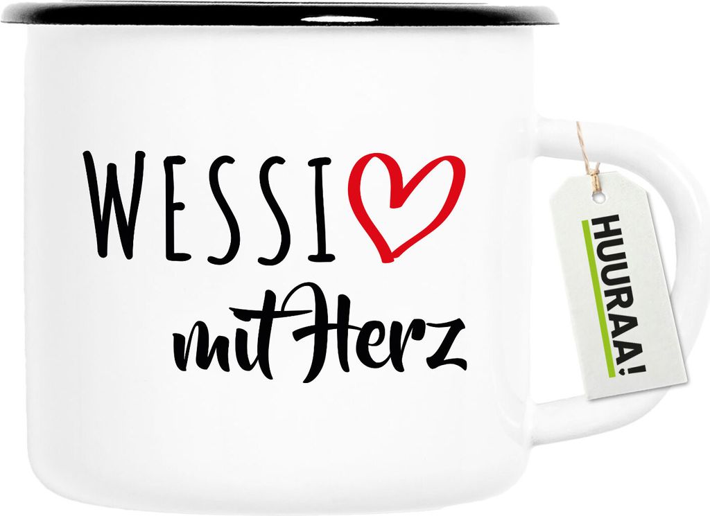 Huuraa Emaille Tasse Wessi mit Herz Geschenk 300ml Vintage Emaille Becher Wessi Geschenkidee