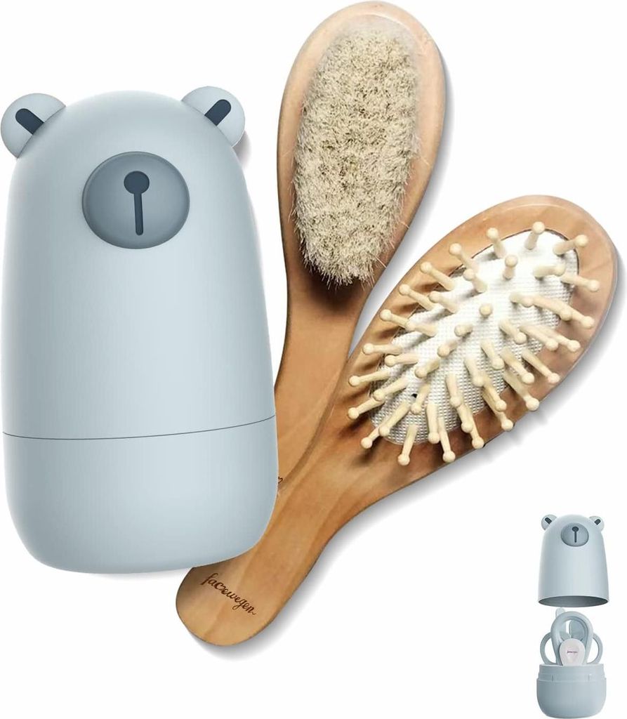 6-in-1 Pflege-Set für Babys - natürliche Holzhaarbürste und Kamm, Nagelschere, Nagelfeile und Pinzette in süßer Geschenkverpackung (blau)