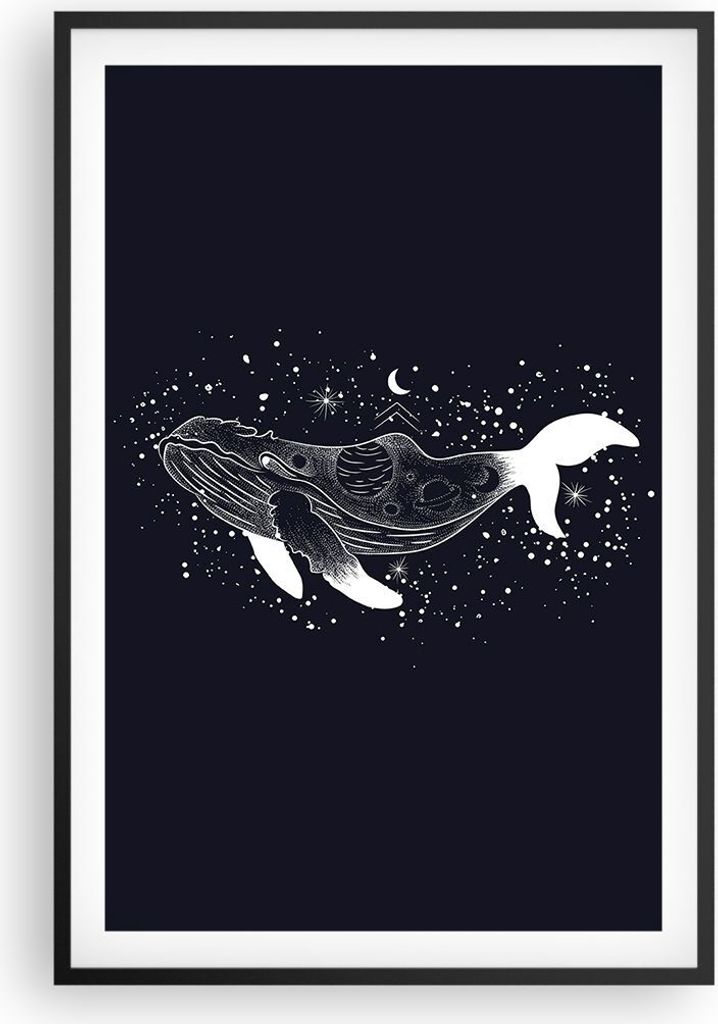 Gerahmtes Poster - Schwarzer Rahmen - Wal Schwarzweiß Grafik - 61x91,5 cm - Wand Bild - Wanddeko - Wandbilder - Kunstposter - Wandposter - Bilderr...
