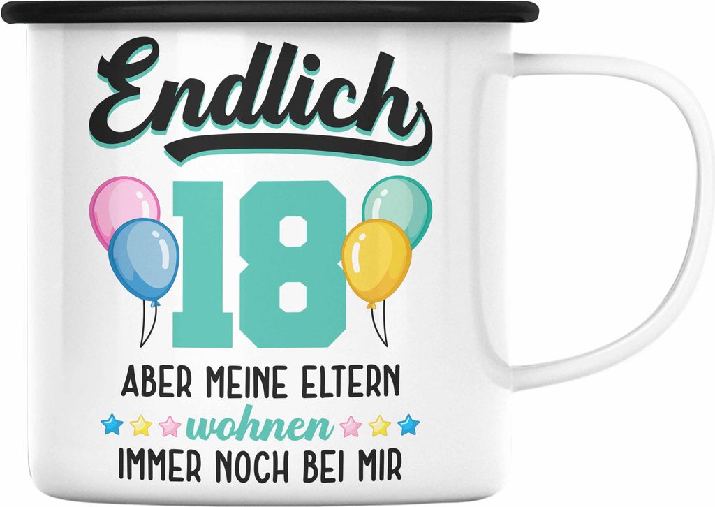 Trendation - 18. Geburtstag Emaille Tasse Geschenk Mädchen Jungen Geschenkidee Lustig Spruch 18 Geschenke Geschenkideen zum 18 Bday 18er Erwachsen...