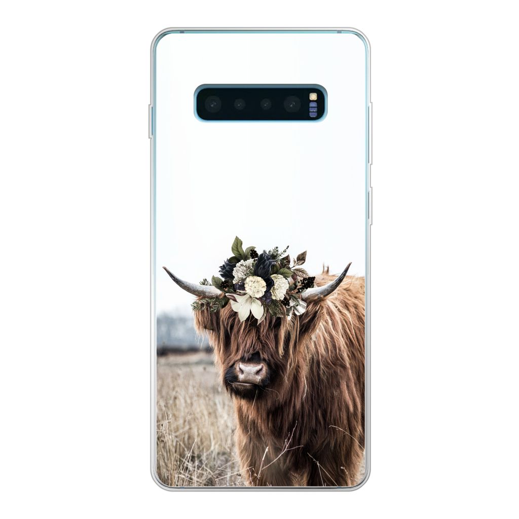 MuchoWow Handyhülle Schutzhülle Hülle für Samsung Galaxy S10 Lite Schottischer Highlander - Blumen - Tiere Silikon Softcase Handy Hülle - Sc...