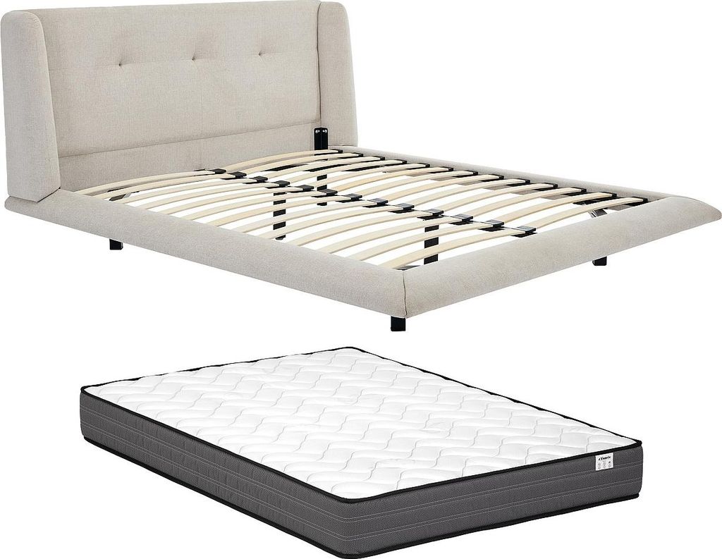 Bett 160 x 200 cm mit gestepptem Kopfteil - Stoff - Beige + Matratze - PENAVI