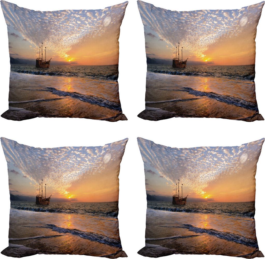 ABAKUHAUS Nautisch Kissenbezug Set (4 Stück), Piraten-Schiff in den Wellen, Moderner Doppelseitiger Digitaldruck, 45 cm x 45 cm, Mehrfarbig