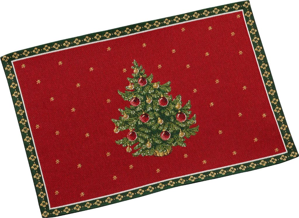 A Christmas-themed placemat with a decorated Christmas tree.