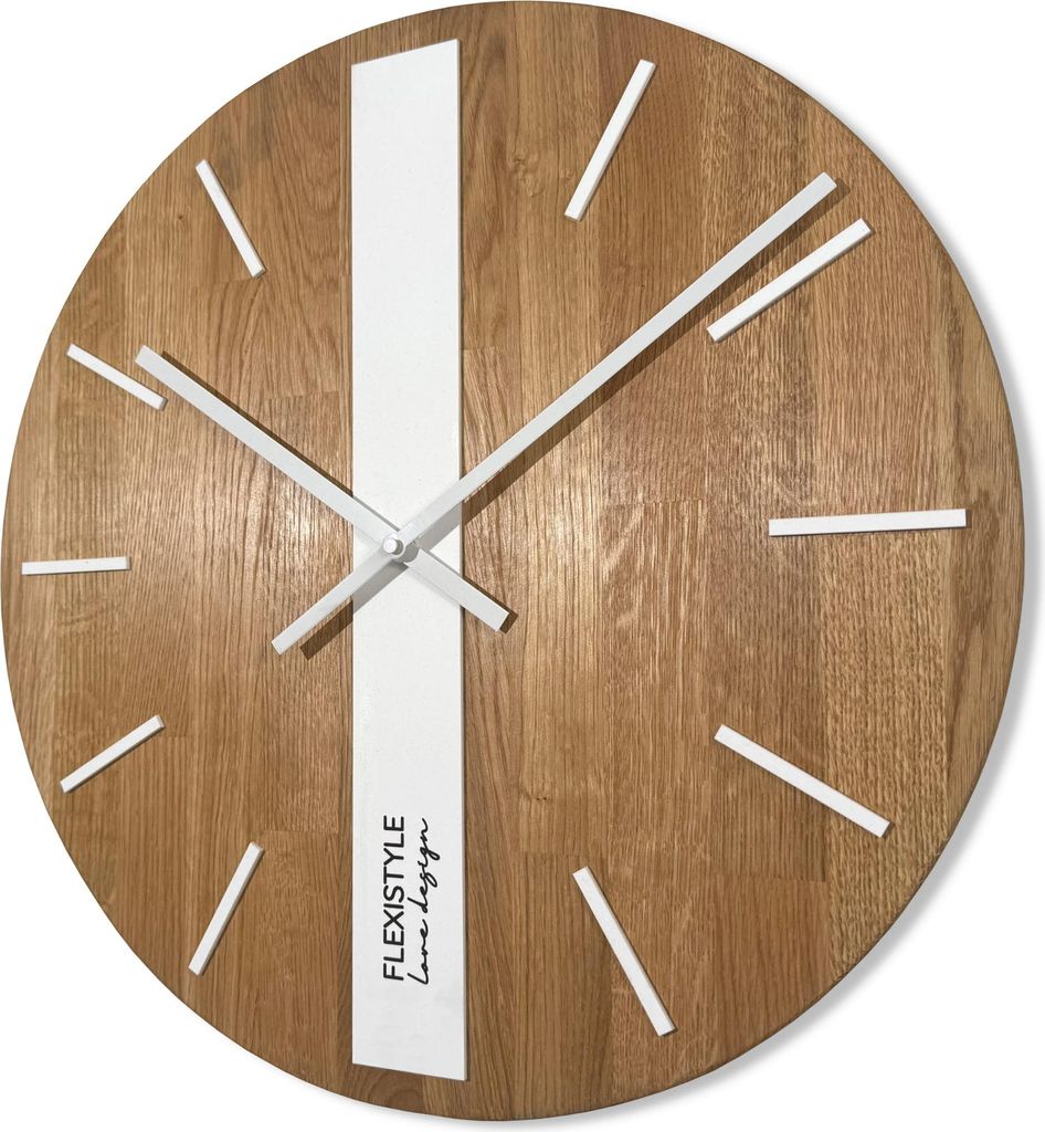 FLEXISTYLE Modern wanduhr ohne tickgeräusche modern wanduhren Holz Badezimmer Wohnzimmer Eiche (Weiß Runden, 50cm)