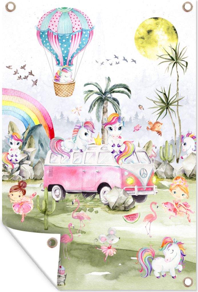 MuchoWow 80x120 cm Outdoor-Poster Gartendeko Sichtschutz Garten Poster für den Garten Einhorn - Regenbogen - Kinder - Mädchen - Auto