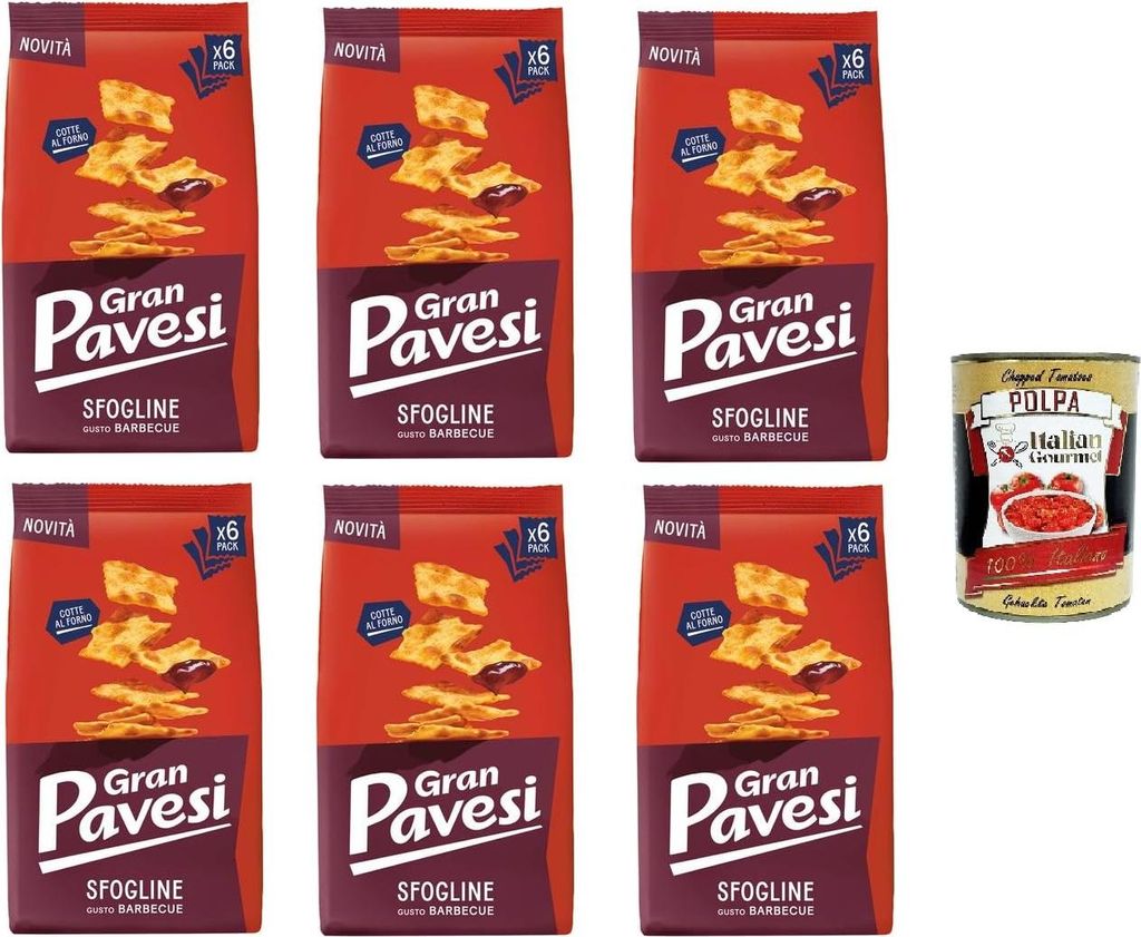 Gran Pavesi Sfogline Snack croccante di pasta sfoglia al gusto di Barbecue Knuspriger Blätterteig-Snack mit Barbecue-Geschmack 6x 180gr+ Italian G...