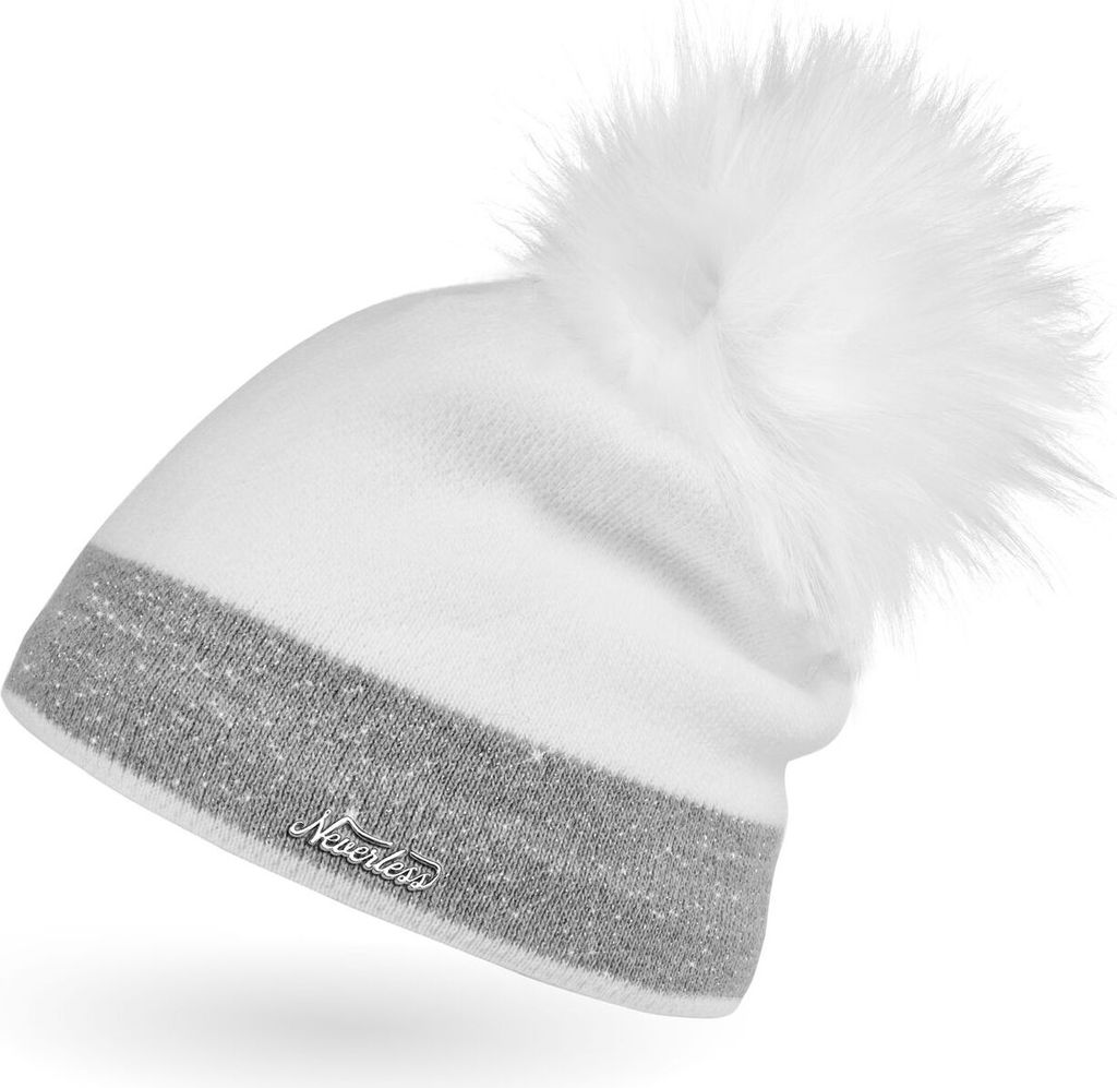 Damen Strick-Mütze gefüttert Fell-Bommel Kunstfell Winter-Mütze Feinstrick mit Glitzer-Garn Bommelmütze Neverless weiß-hellgrau unisize