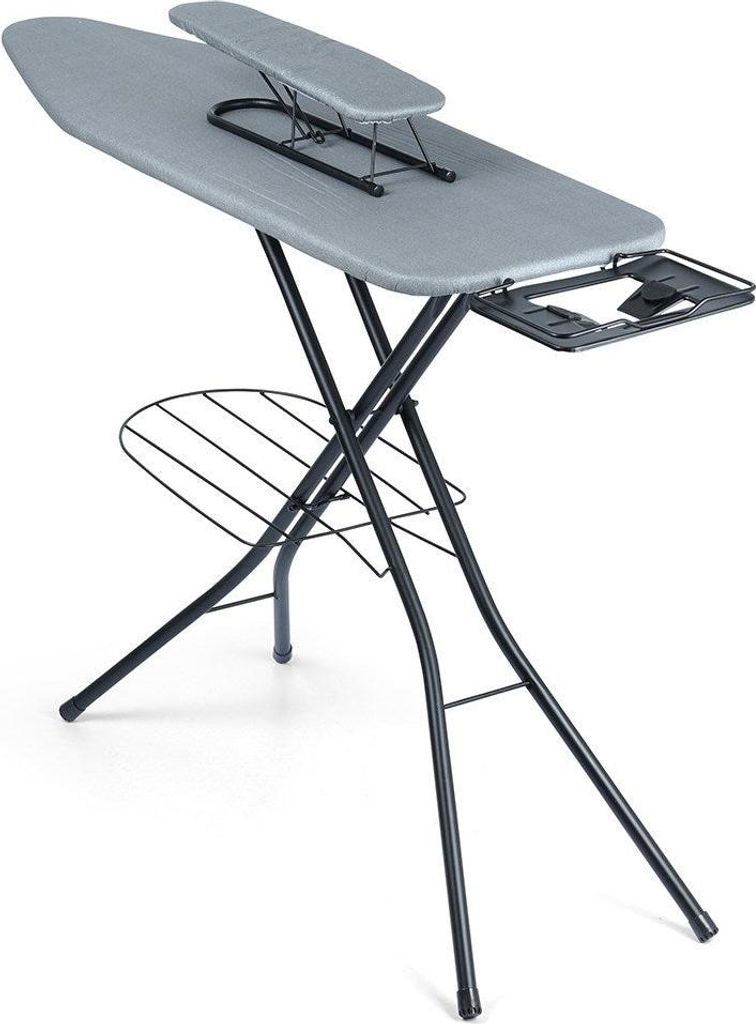 A gray ironing board with a black metal frame and an attached sleeve board, shown against a white background.