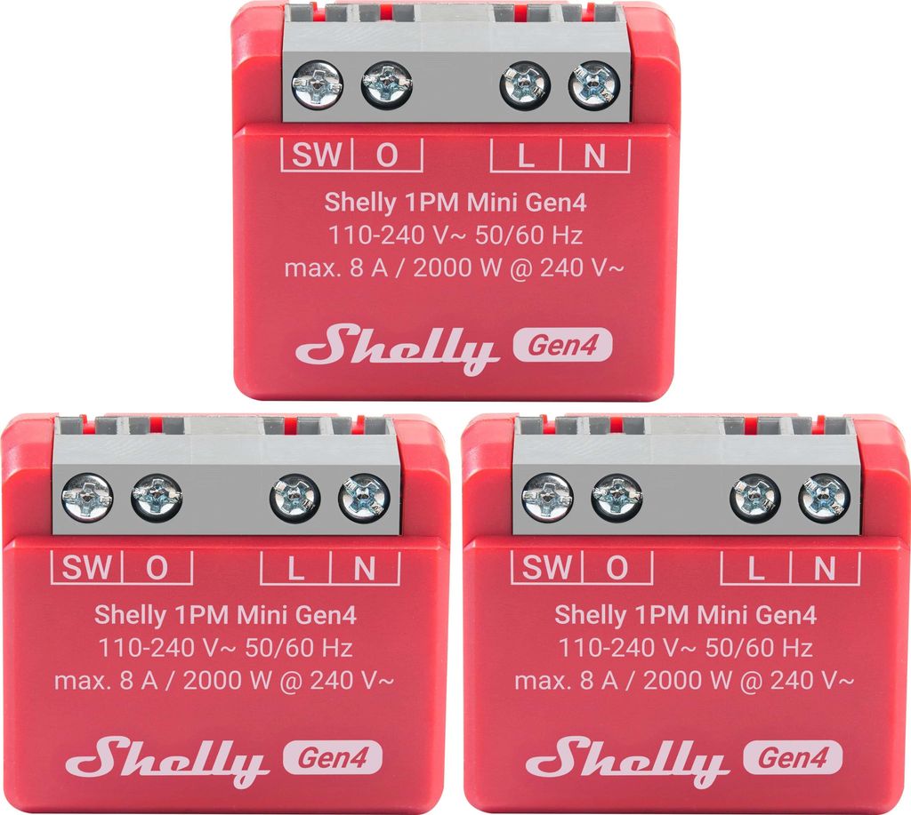 SHELLY Relais 1PM Mini Gen4, 8 A, WLAN, Bluetooth, rot, 3 Stück