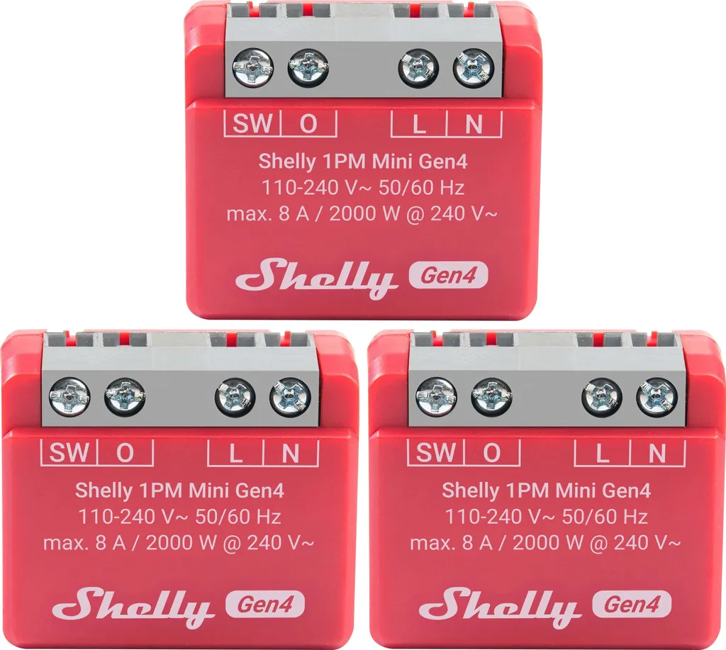 Shelly 1PM Mini Gen4 Relais Connecté Wi-Fi 8A Pack de 3 Rouge