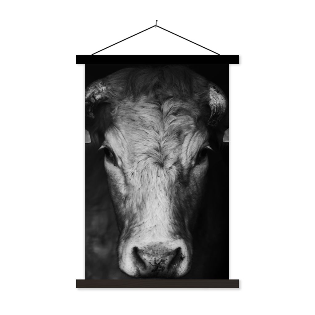 MuchoWow Textilposter Tiere - Kuh - Schwarz - Weiß - Kuhkopf 60x90 cm mit schwarzem Rahmen - Poster Wohnzimmer