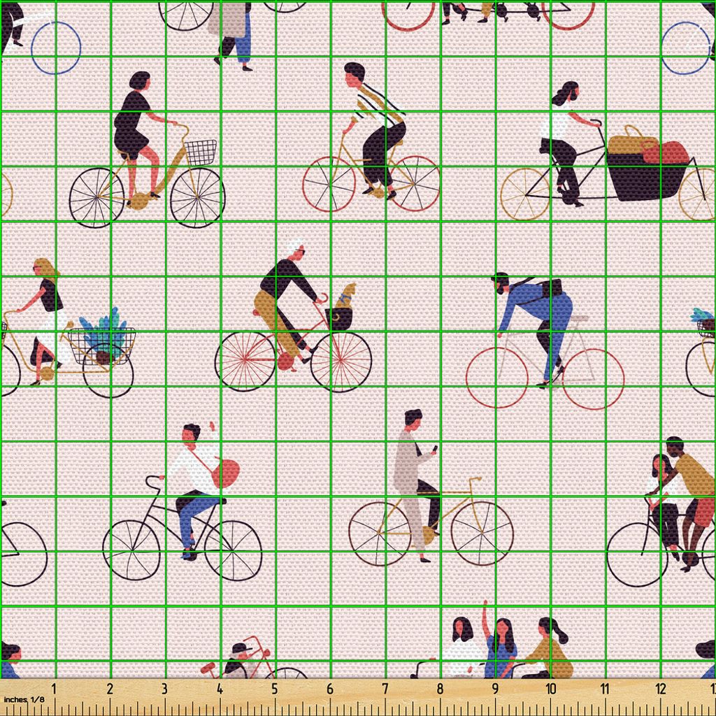 ABAKUHAUS Fahrrad Gewebe als Meterware, Männer und Frauen Menschen Reiten Fahrräder Wiederholung am Pastell getönten Hintergrund, 1 M (148 x 100...