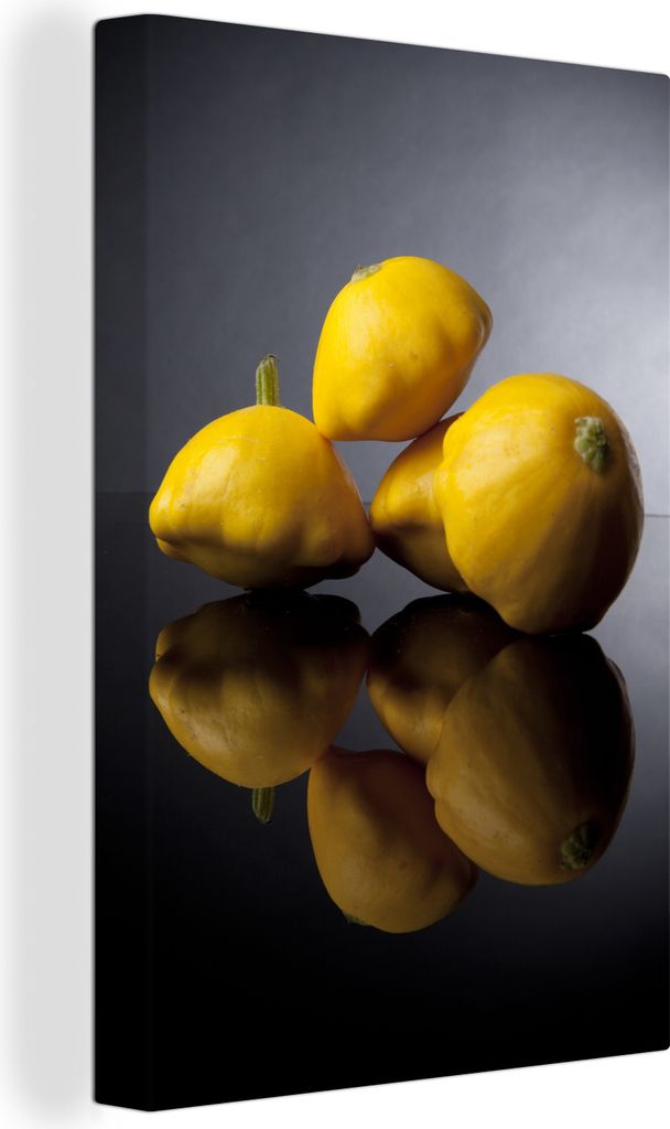 OneMillionCanvasses - Leinwandbilder - 90x140 cm, Vier gelbe Patissons auf schwarzem Glas abgebildet, Wandbilder Kunstdruck Wanddekoration - Foto...