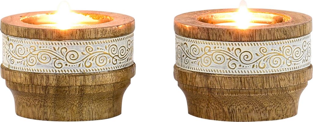 Marrakesch 2er Boho Deko Teelichthalter Kerzenständer aus Holz und Metall 7,5cm groß Hannan | Vintage Orientalische Kerzenhalter als Wohnzimmer T...