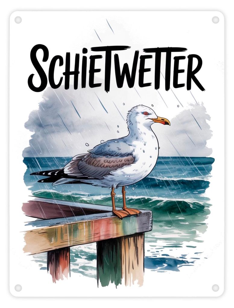 Möwe im Regen Metallschild in 15x20 cm - SCHIETWETTER