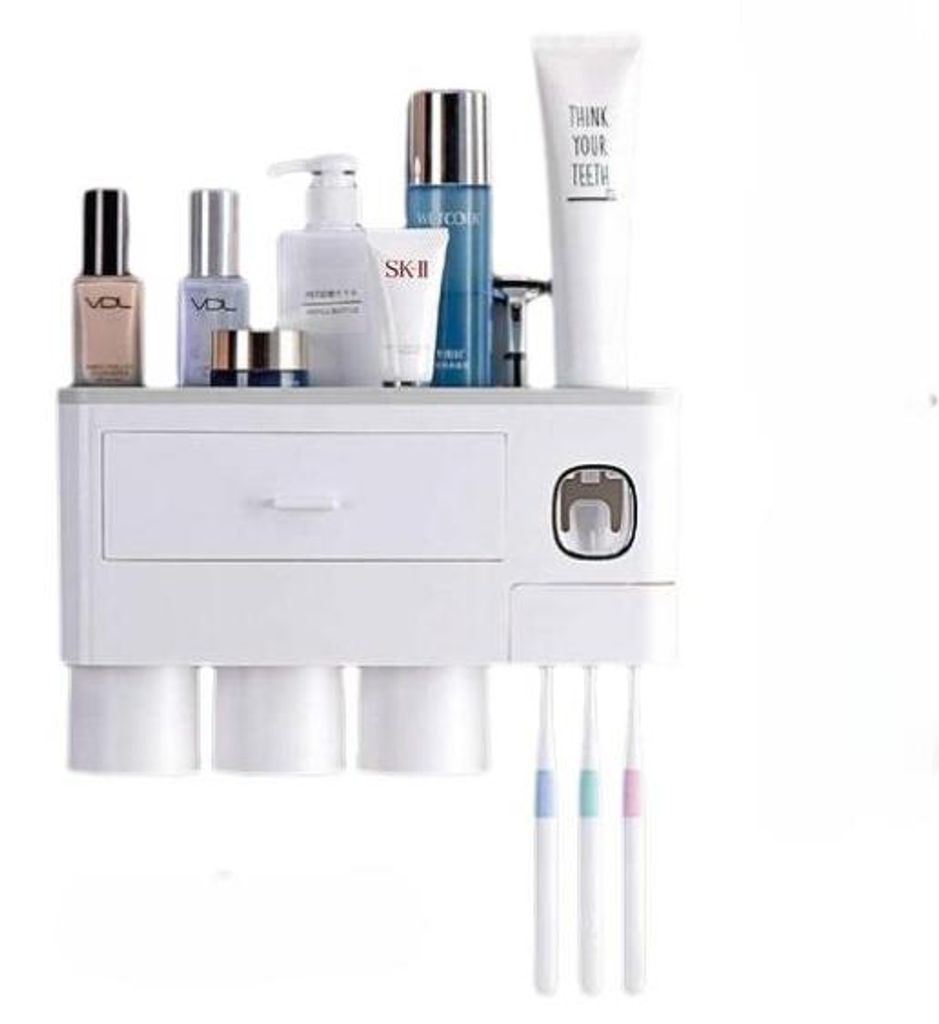 Automatisches Zahnpasta-Spender-Set mit Wandhalterung für Zahnbürsten, 6 Zahnbürstenfächern mit Abdeckung, 2 Magnetbechern und Kosmetikschublade