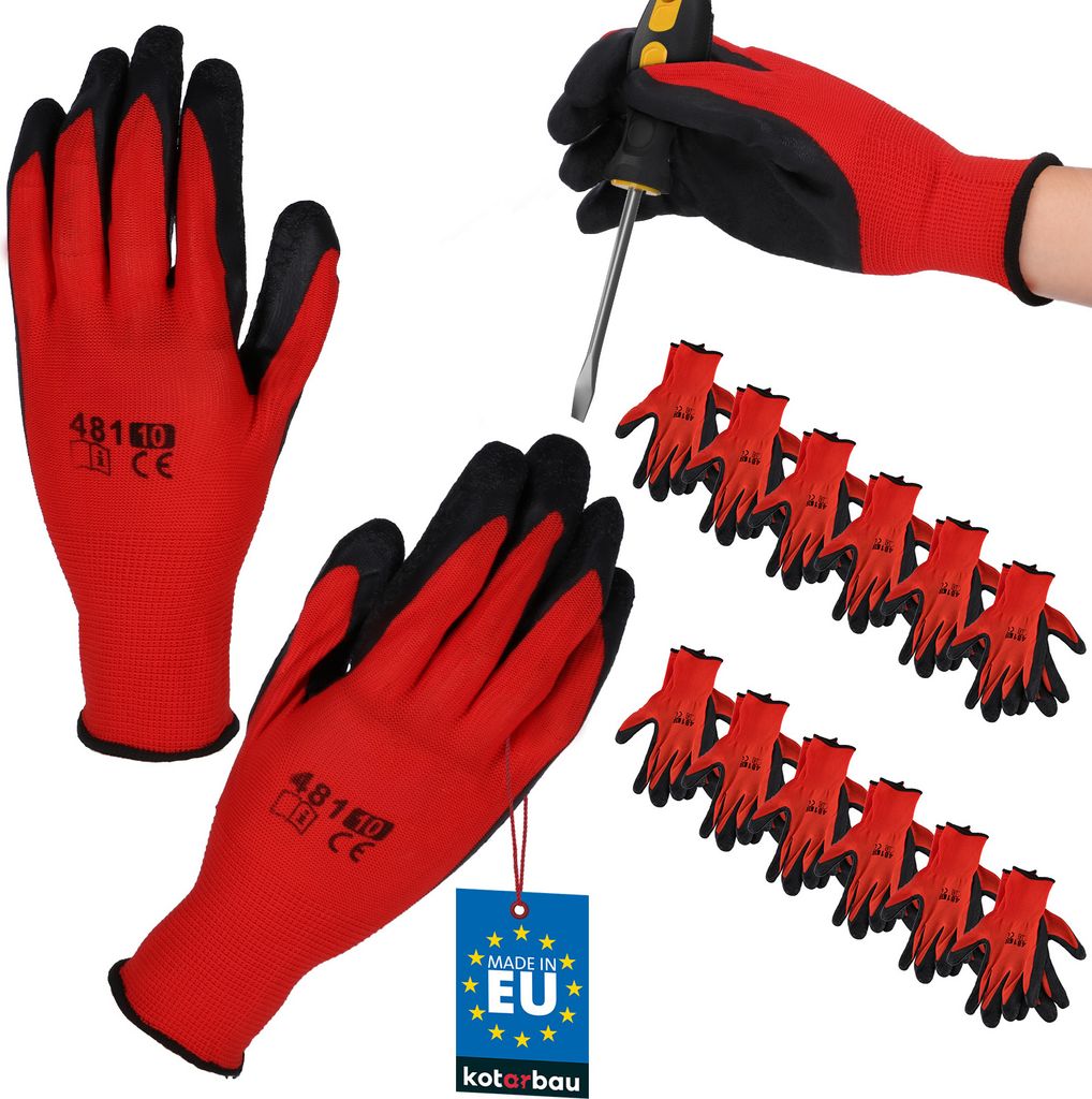 KOTARBAU 12er Set Handschuhe Arbeitshandschuhe Anti-Rutsch Latex beschichtete Arbeitshandschuhe Größe 10 Red Herren Werkstatt Zubehör Winter G...