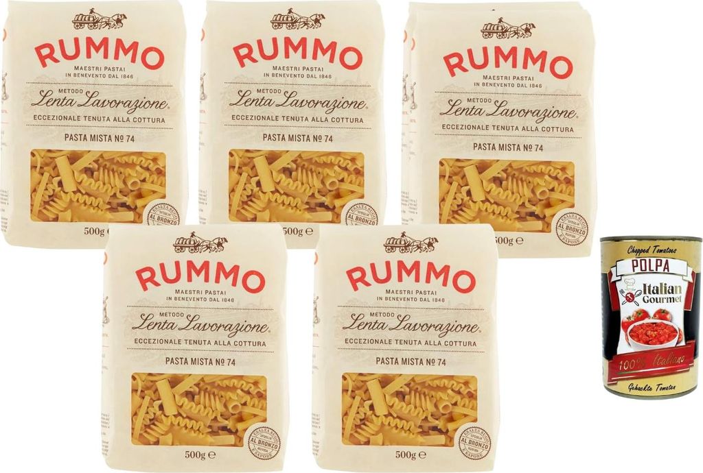 Italian Gourmet Pasta Mista Nr. 74 Lenta Lavorazione 5 x 500 g italienische Hartweizen Pasta Mix Tradizionale + Italian Gourmet Polpa 400 g