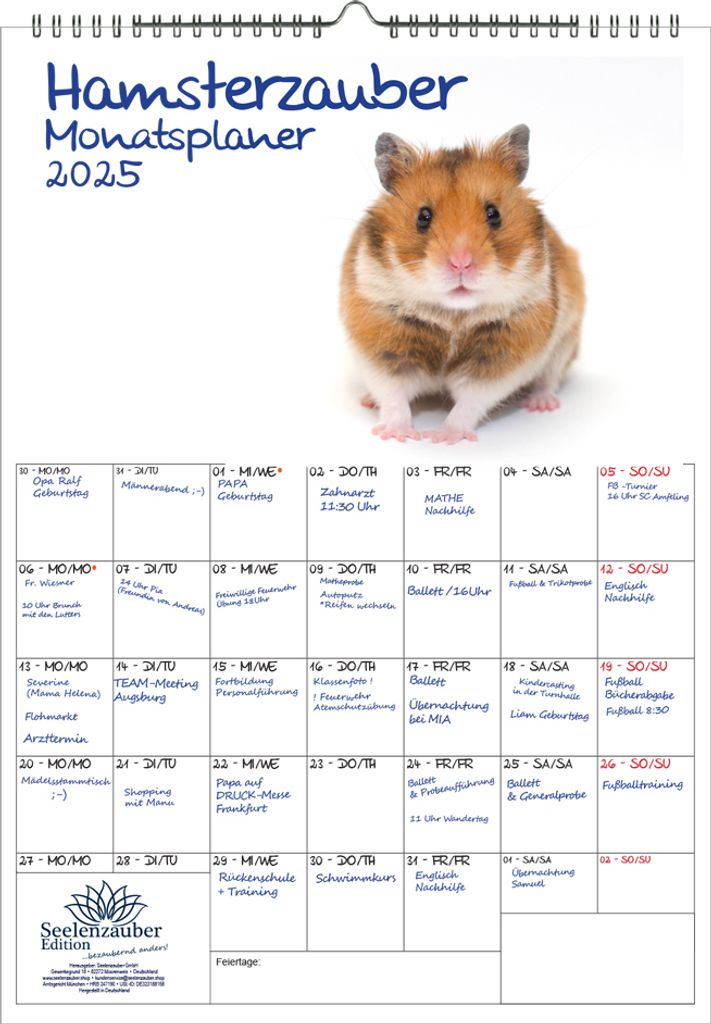Hamsterzauber Planer DIN A3 Kalender für 2025 Hamster - Seelenzauber