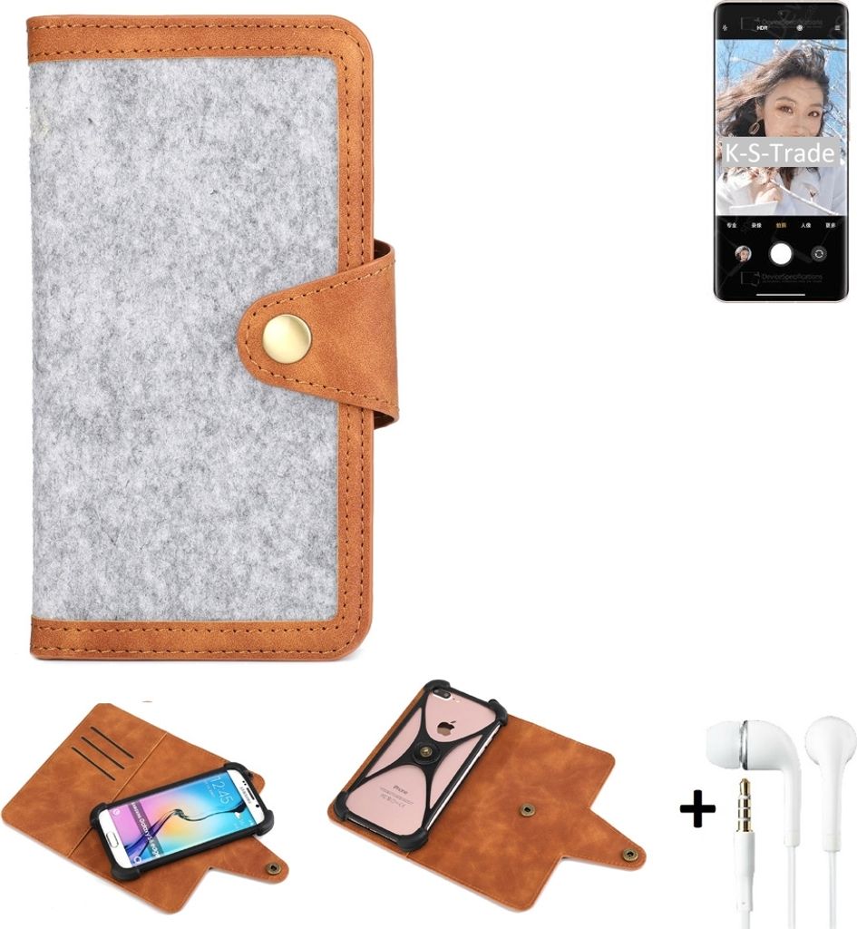 K-S-Trade Handyhülle + Kopfhörer kompatibel mit Xiaomi Civi 1S Schutzhülle Filz Hülle Kunstleder hellgrau braun (1x)