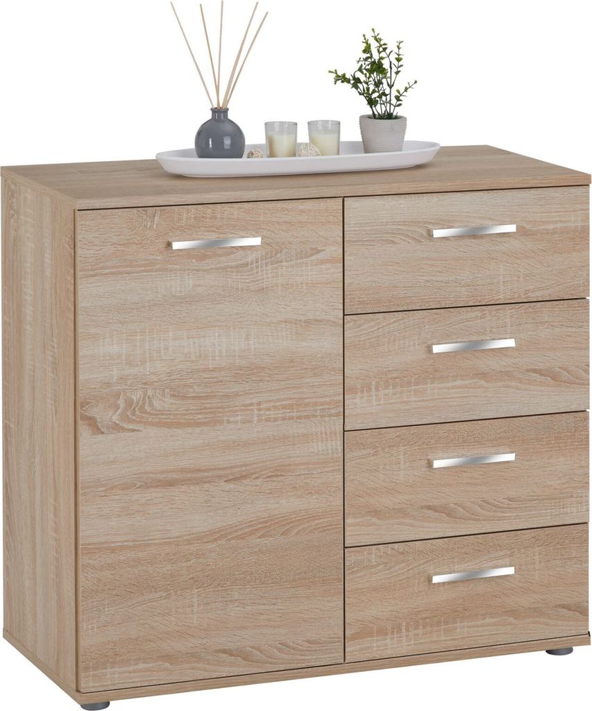 Kommode Sideboard Schrank CHICAGO in Sonoma Eiche, mit Tür und 4 Schubladen Highboard