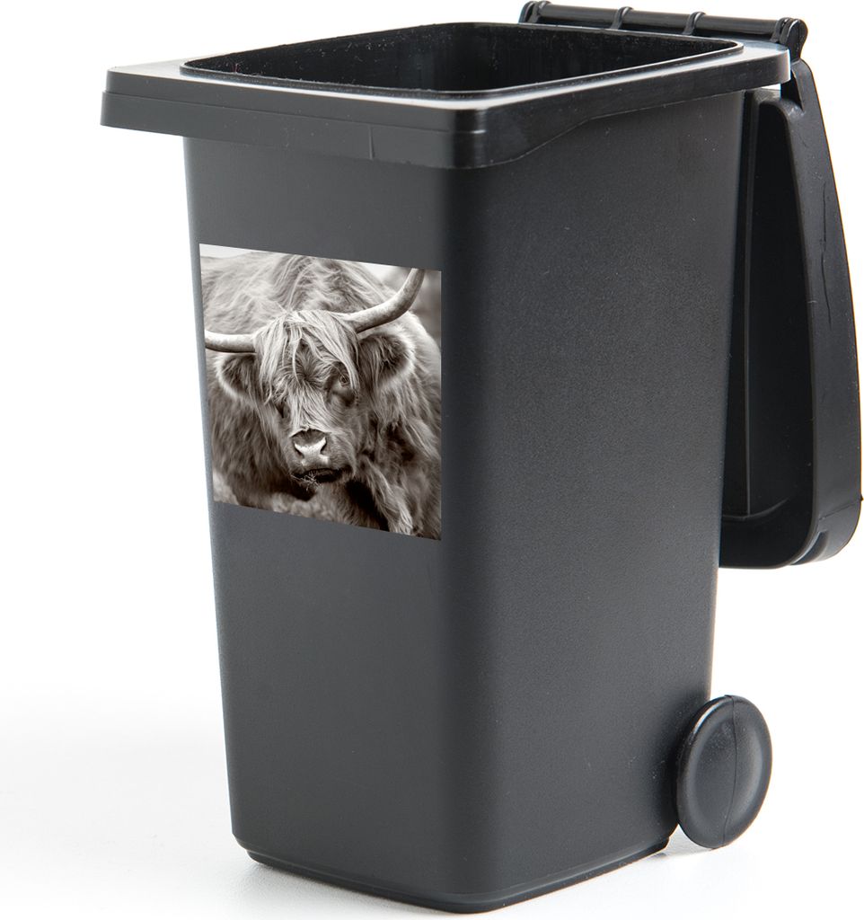 MuchoWow Mülltonnenaufkleber Schottischer Highlander - Schwarz - Weiß - Hörner 40x40 cm - Abfall-Aufkleber - Container - für Abfallcontainer