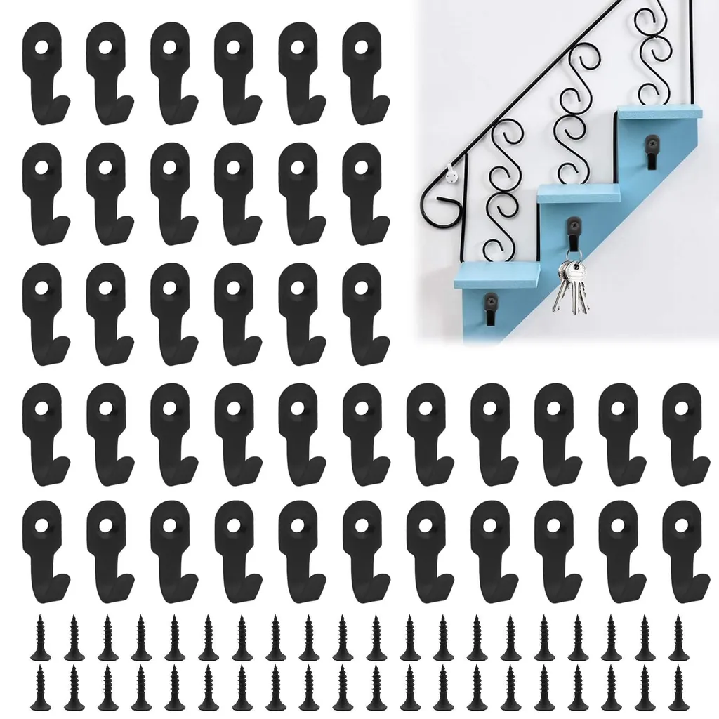Lot de 40 Crochets à Clés Noirs en Fer avec Vis pour Mur et Armoire