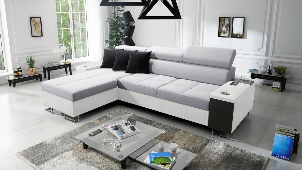 Kaiser Möbel Bequemes Ecksofa mit Schlaffunktion MORENA I MINI Kunstleder/Sawana Weiß/Hellgrau Links