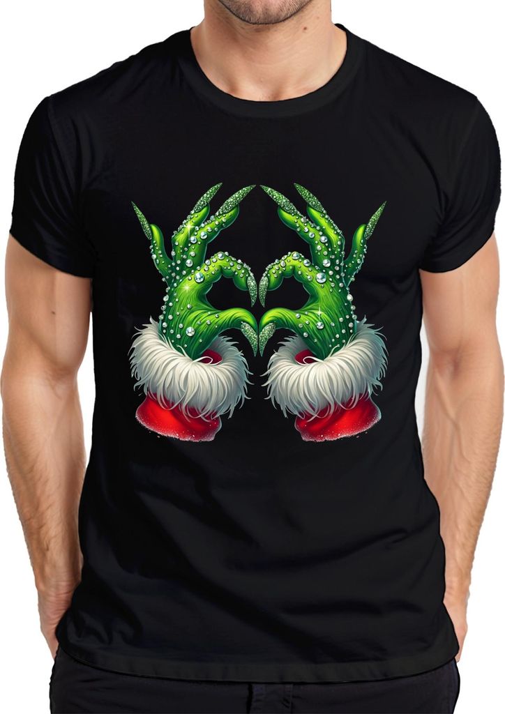 Grinch Hände Herz Weihnachten lustig Geschenk Glitzer Herren T-Shirt, Schwarz, S