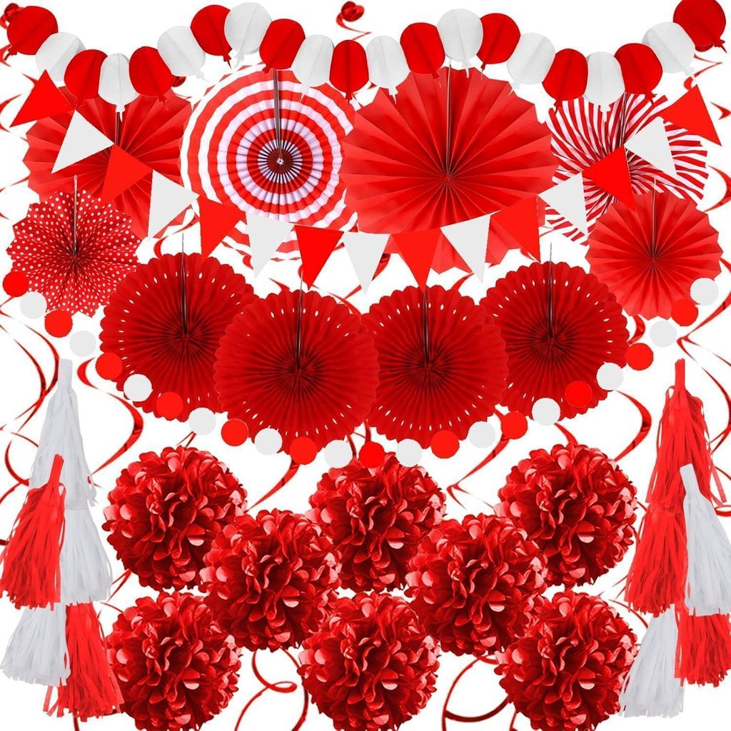 ZERODECO Papier Pompoms Girlande Rot Party Deko 41 Stück Produktbild 