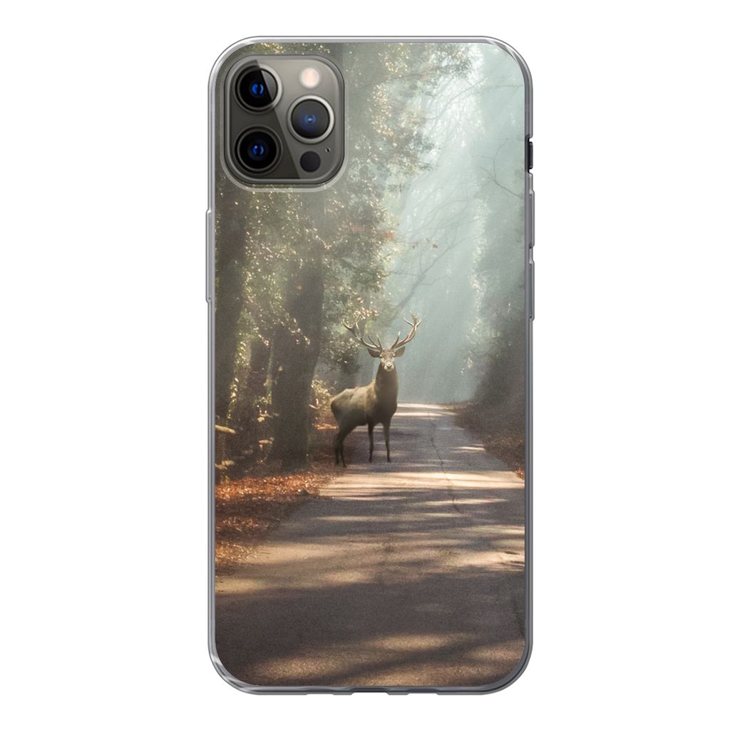 MuchoWow Handyhülle Schutzhülle Hülle für iPhone 13 Pro Max Hirsche - Wald - Sonnenstrahlen Silikon Softcase Handy Hülle - Mobiltelefon