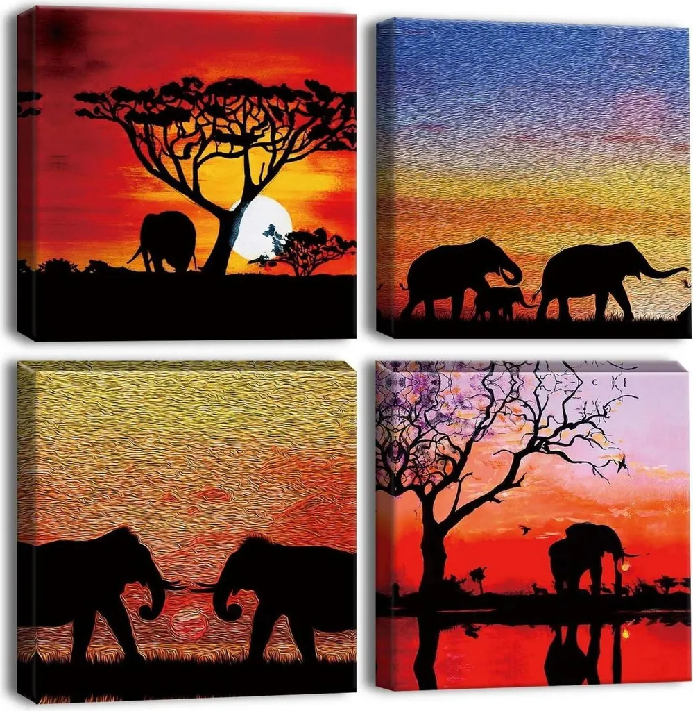Art mural Coucher de Soleil Eléphants pour ambiance Zen et Nature 4p