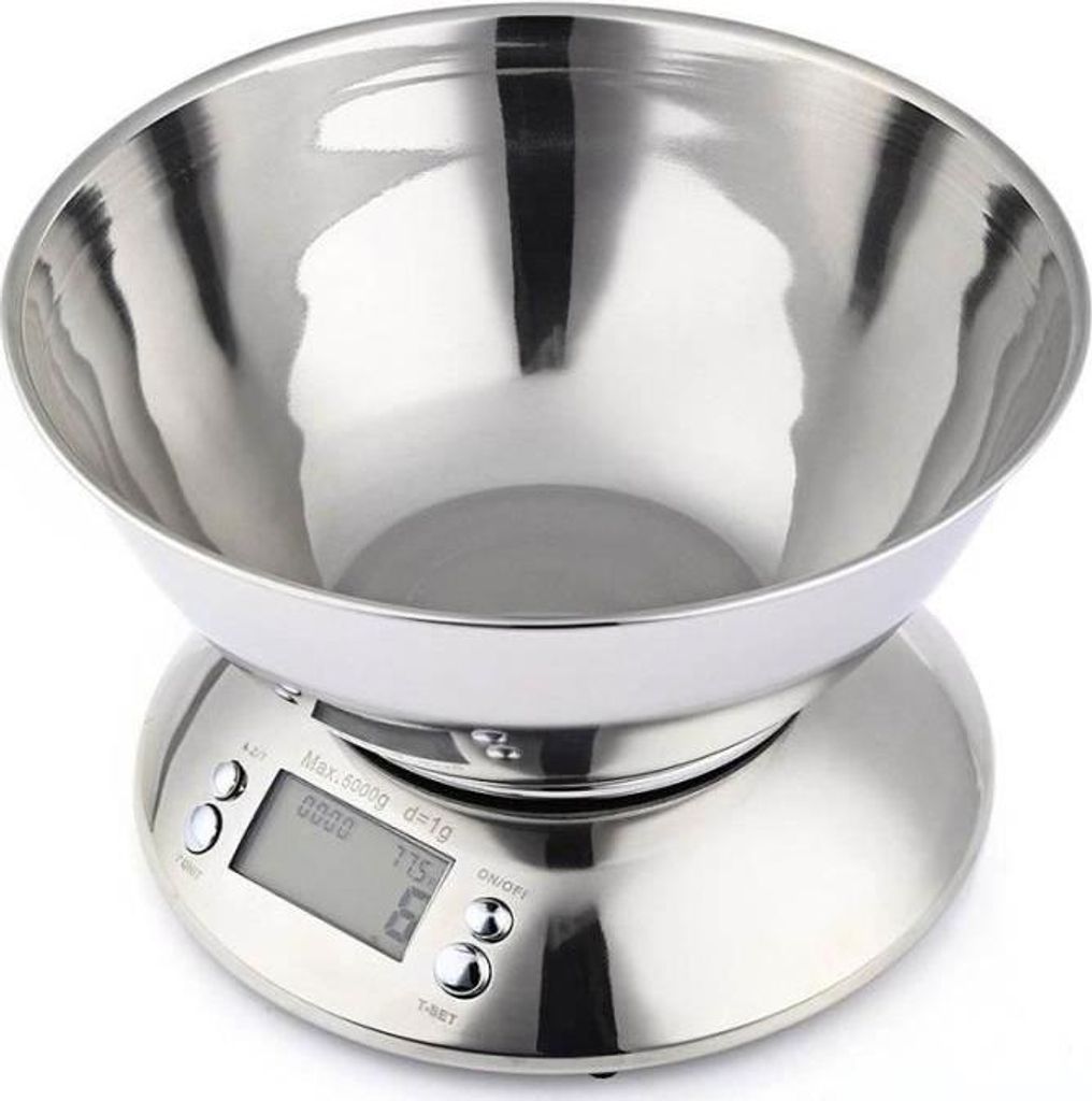Elektronische Küchenwaage aus Edelstahl (5 kg), kleine Haushaltswaage mit Schüssel