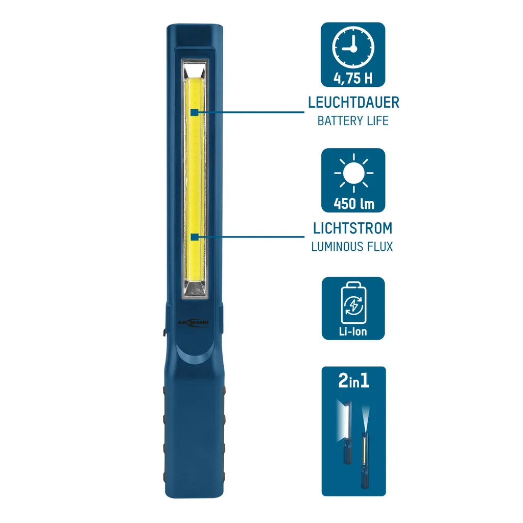 ANSMANN Lampe d'atelier LED sans fil 450 lm - Lampe de travail USB rechargeable