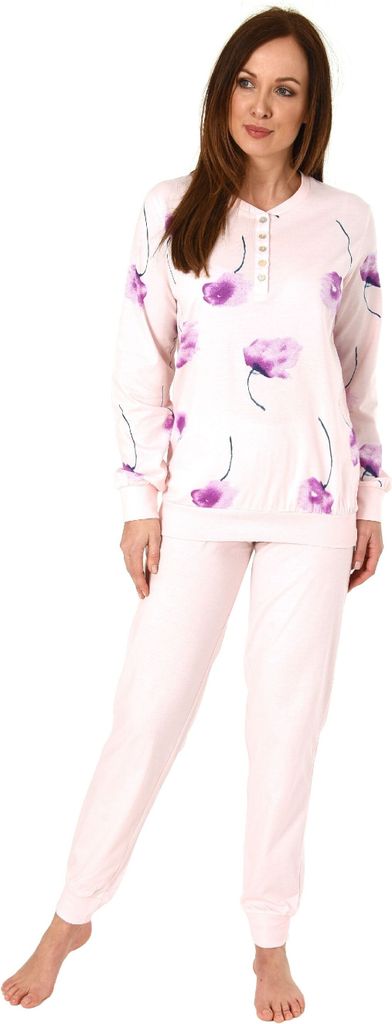 Eleganter Damen Pyjama Schlafanzug langarm mit Bündchen und Blumenprint - 291 201 90 193 ; rosa , 48/50