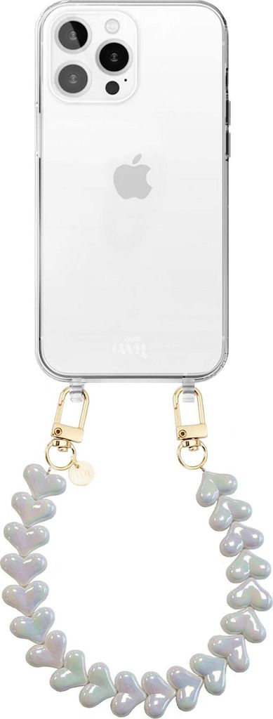 Silikonhülle mit Kordel für iPhone 16 Pro - Funky Hearts - Metallices Weiß