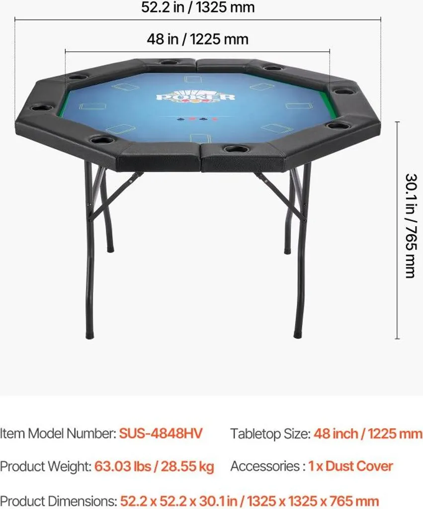 Table de poker pliable 1325mm portable - Revêtement feutrine 8 joueurs