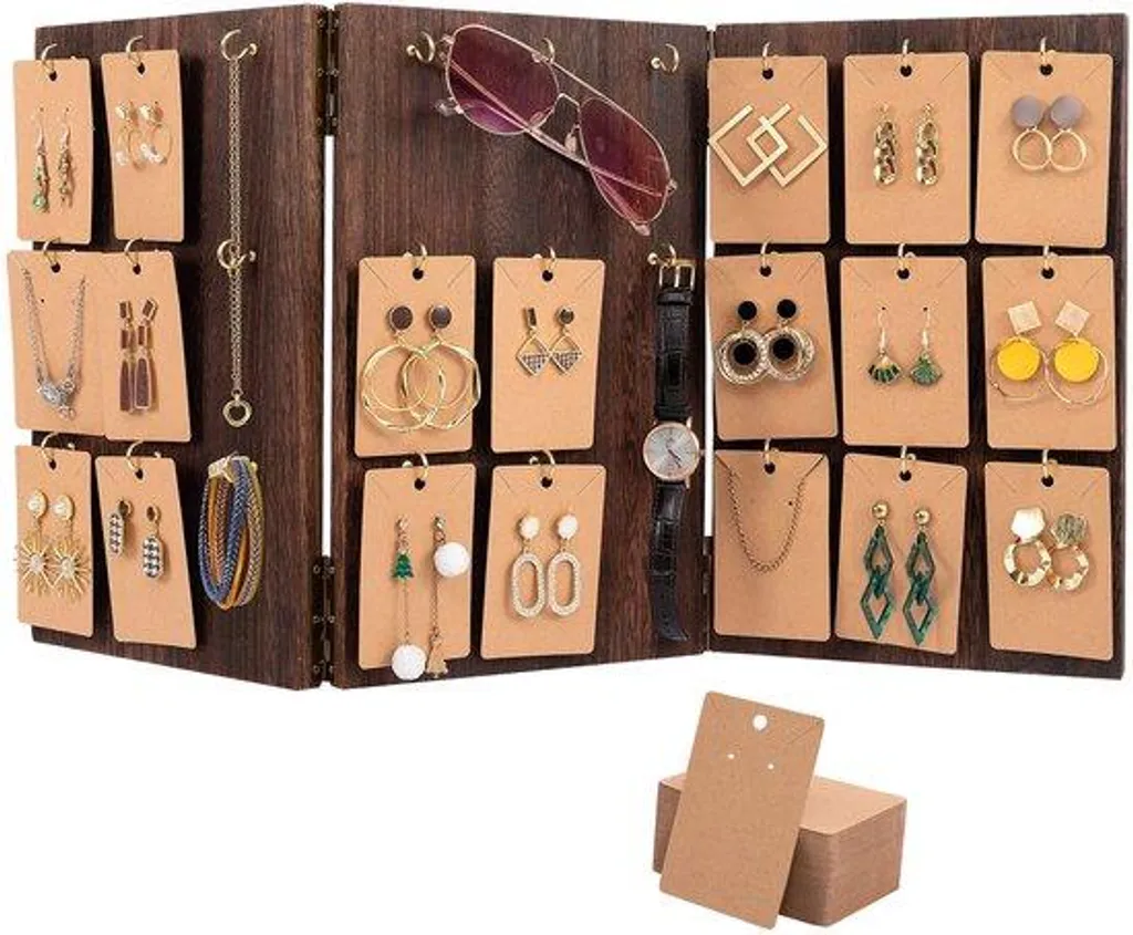Présentoir à bijoux en bois marron à 3 côtés avec 27 crochets dorés