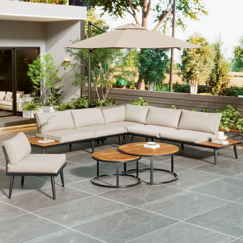 Flieks Gartenlounge Set 6-Sitzer, Balkonmöbel set Gartenmöbel Set für 6 personen, Lounge Gartenmöbel mit Tisch und Kissen, Terrassenmöbel Loun...