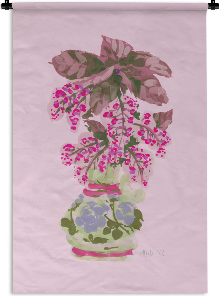 MuchoWow Wandteppich Wandbehang Blumen - Vase - Rosa - Pflanzen 60x90 cm Tapisserie Dekoration Wandtuch - Foto-Teppich - Abwaschbar
