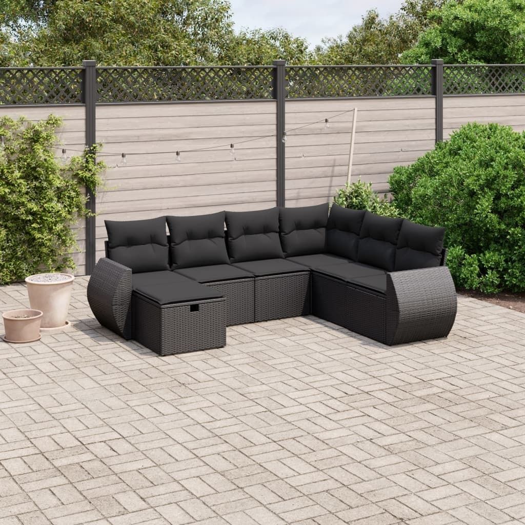 Schwarz 7-tlg. Garten-Sofagarnitur mit Kissen Schwarz Poly Rattan ,Design 2024 Neu
