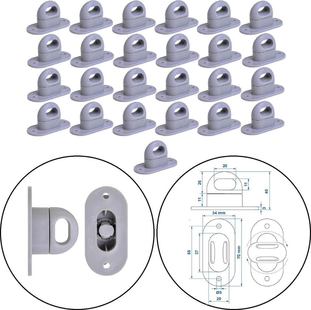 25 x Drehverschlüsse geeignet für Planen, aus Polyamid, Bohrungsabstand 51 mm, 67 x 34 mm, Farbe hellgrau, für Ovalösen