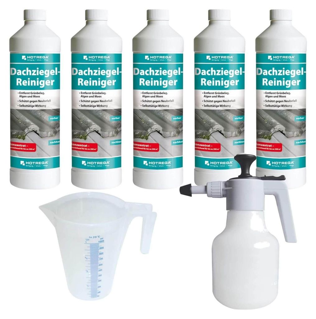 HOTREGA Dachziegel Reiniger Konzentrat 5x 1 Liter | Langzeitschutz gegen Grünbelag, Algen | materialschonend | inkl. Messbecher + Druckspritze