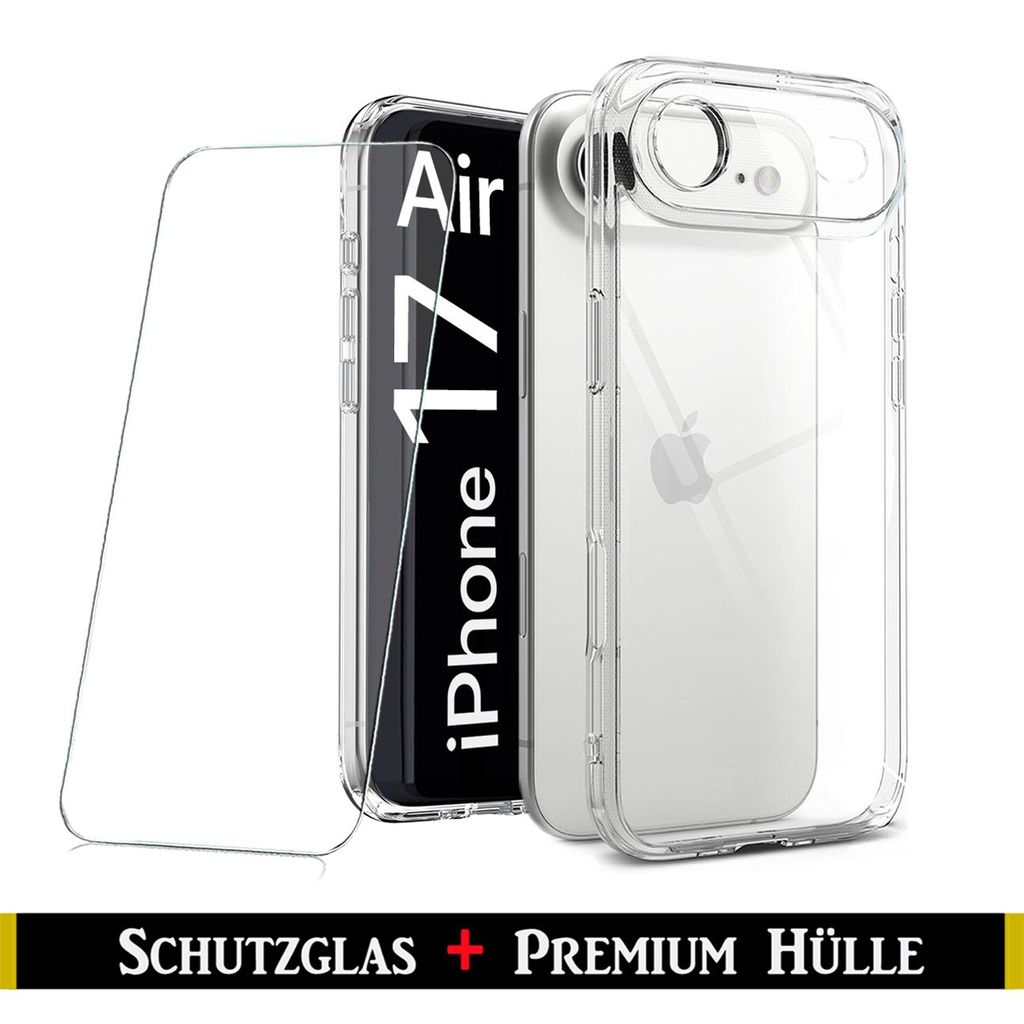 A clear phone case and screen protector are displayed.