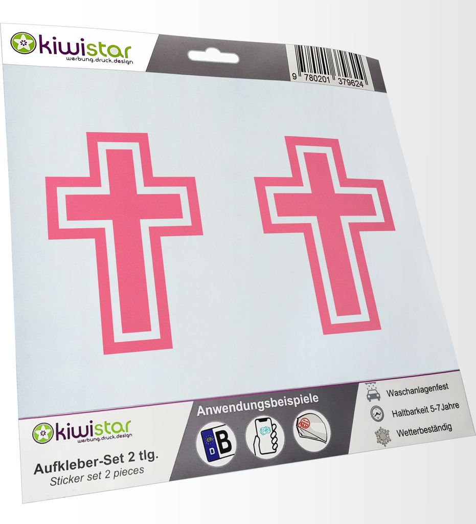 Kiwistar - 2x Kennzeichenaufkleber - hellrosa - 21 mm Kreuz - Gotteskreuz Aufkleber für Auto, Laptop, Fahrrad, LKW, Motorrad Mehrfarbig JDM Decal ...